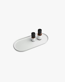 two brown glass bottles on oval white tray, minimal, clean, interior design HD wallpaper