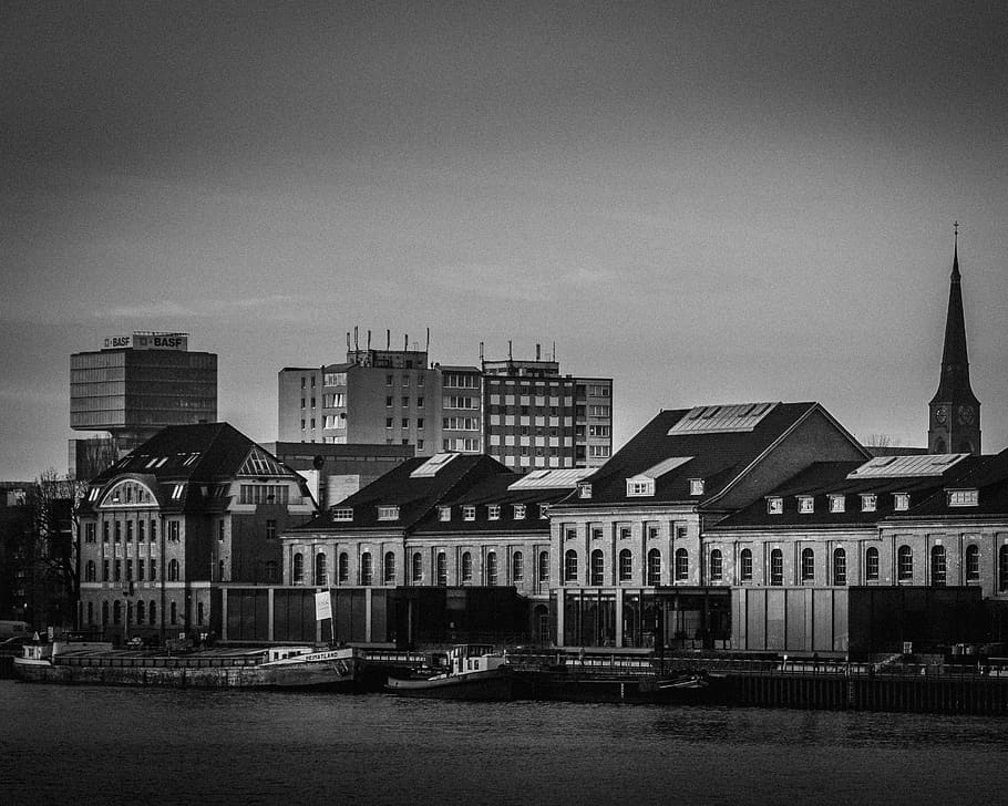 berlin, germany, architecture, city, harbor, blackandwhite HD wallpaper