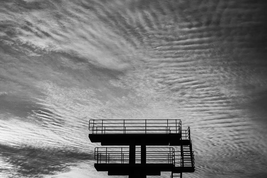 Black and white, bnw, diving boards, swimming pool, clouds
