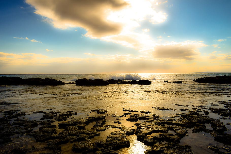 sea, sky, clouds, nature, evening, ocean, sunlight, sunbeam HD wallpaper