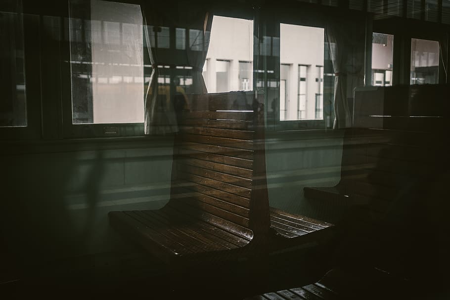 chairs in train, portugal, aveiro, seat, bench, wood, glass, reflection HD wallpaper