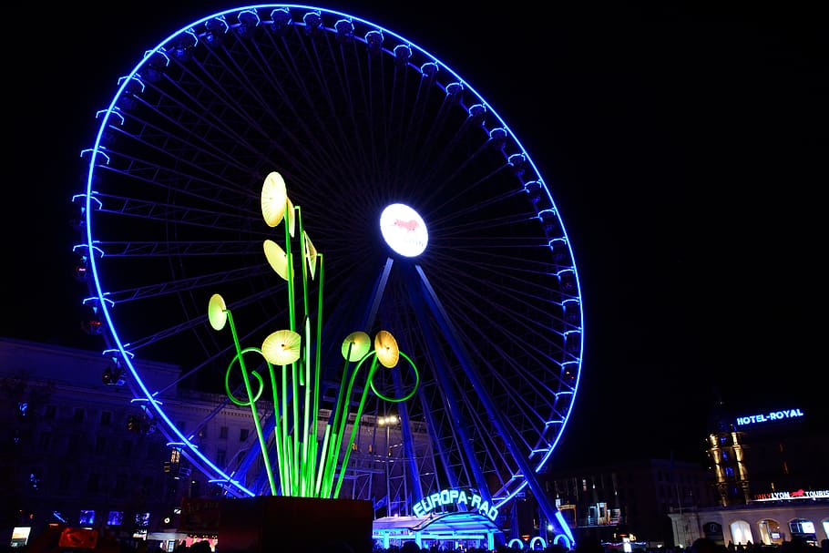 france, lyon, light, night, flower, light festival, amusement park HD wallpaper