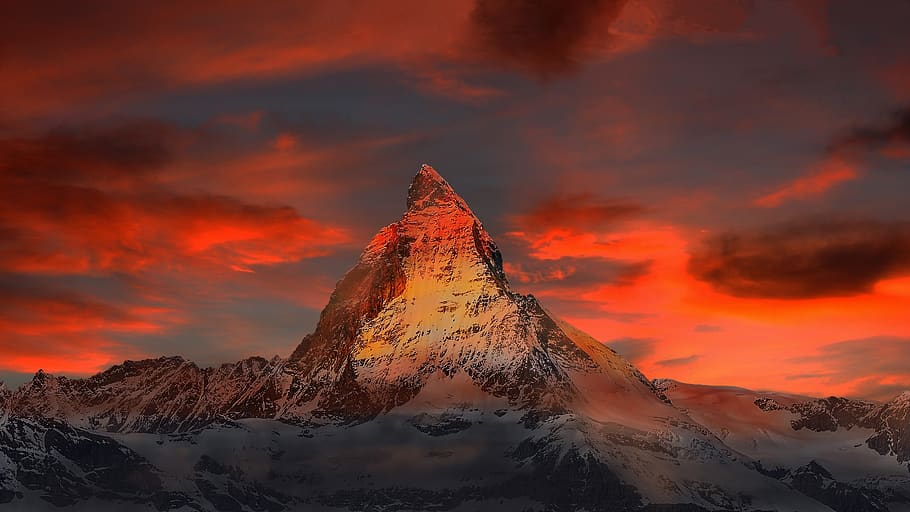 Brown and Gray White Mountain Under Cloudy Blue Sky, clouds, cold HD wallpaper