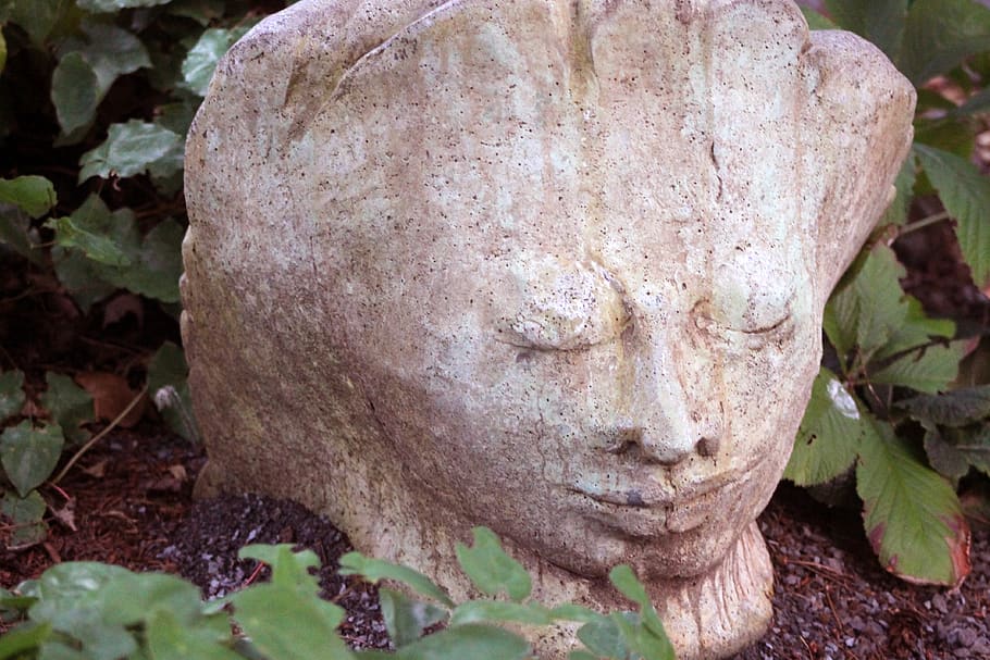 garden, statue, face, serene, statuary, stone, sculpture, close-up HD wallpaper