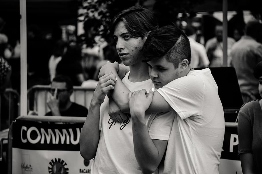 Grayscale Photography of Man Hugging Each Other, affection, black and white HD wallpaper