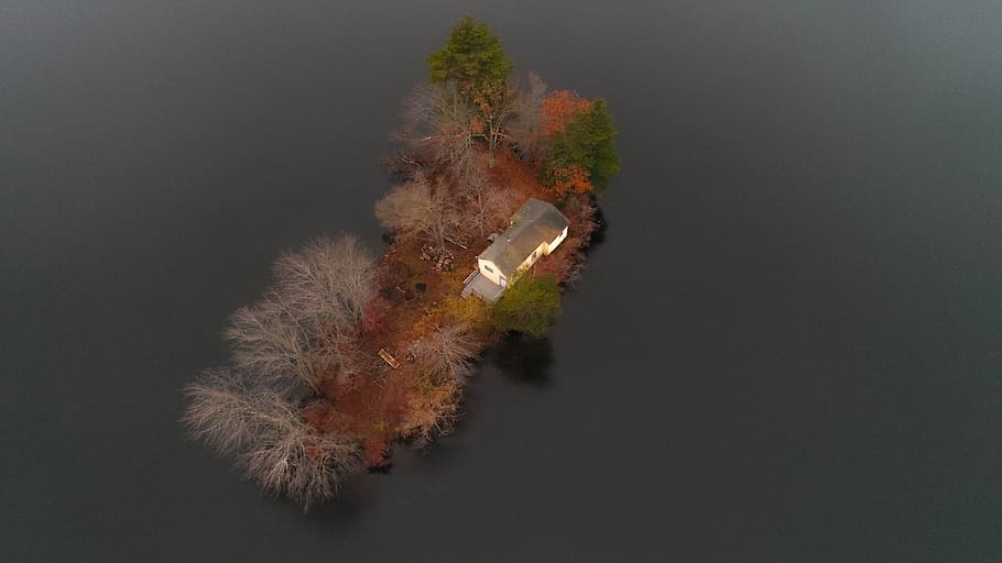 united states, foxborough, trees, fall, island, house, cabin HD wallpaper