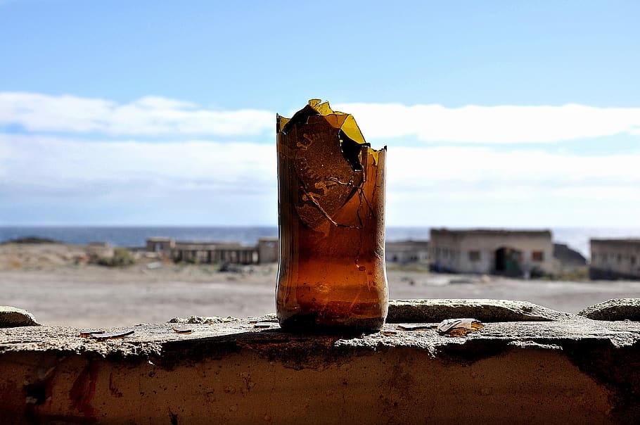 sky, blue, clouds, nature, still, glass, bottle, broken, shard HD wallpaper