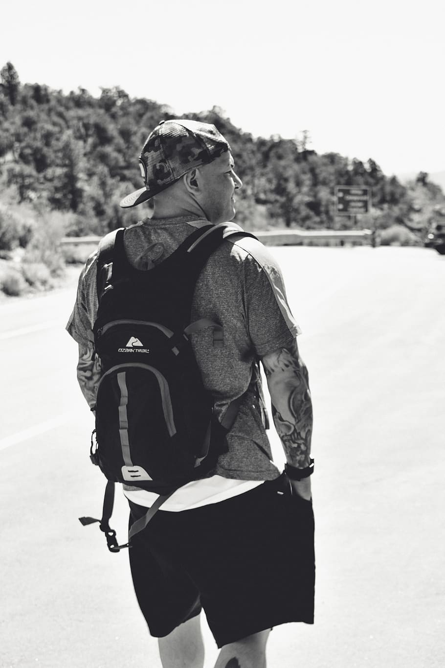 tattoos, inked, backpack, walking, road, hiking, branding, male HD wallpaper
