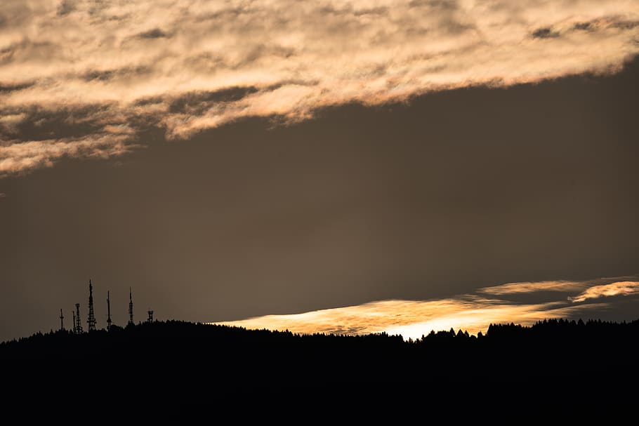 sunset over the horizon, landscape, ridge, cloud, tower, sunrise HD wallpaper