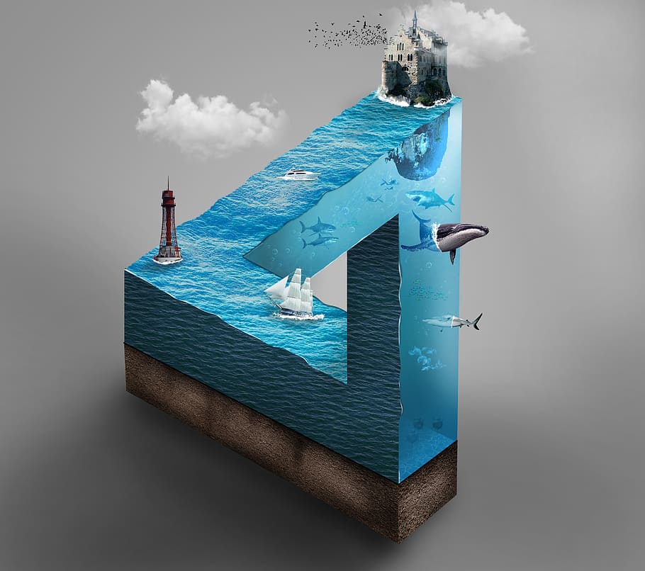 sea, micro world, triangle, water, fish, undersea world, blue HD wallpaper