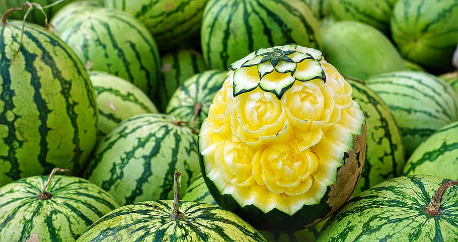 water, melons, yellow, display, carved, flower, ripe, food, HD wallpaper