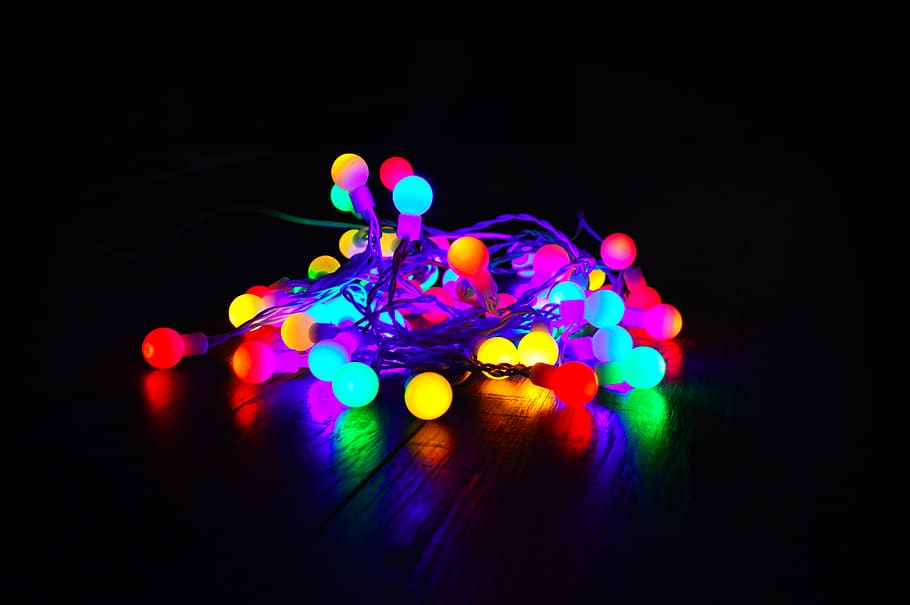 Assorted-color String Lights on Dark Room, background, bright, HD wallpaper