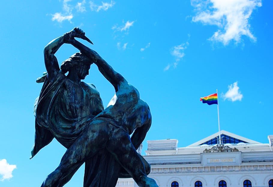 sculpture, sky, flag, art and craft, statue, architecture, human representation HD wallpaper