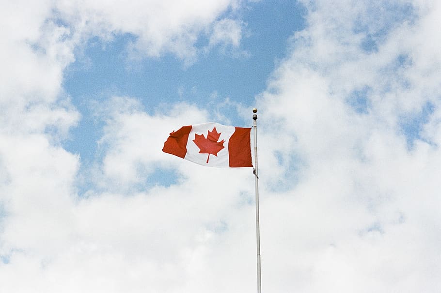 Canada Flag, cloud - sky, patriotism, red, low angle view, wind HD wallpaper