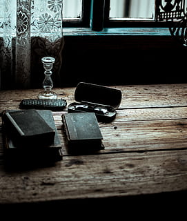 black covered book on wooden table, glass, antique, macro, old HD wallpaper