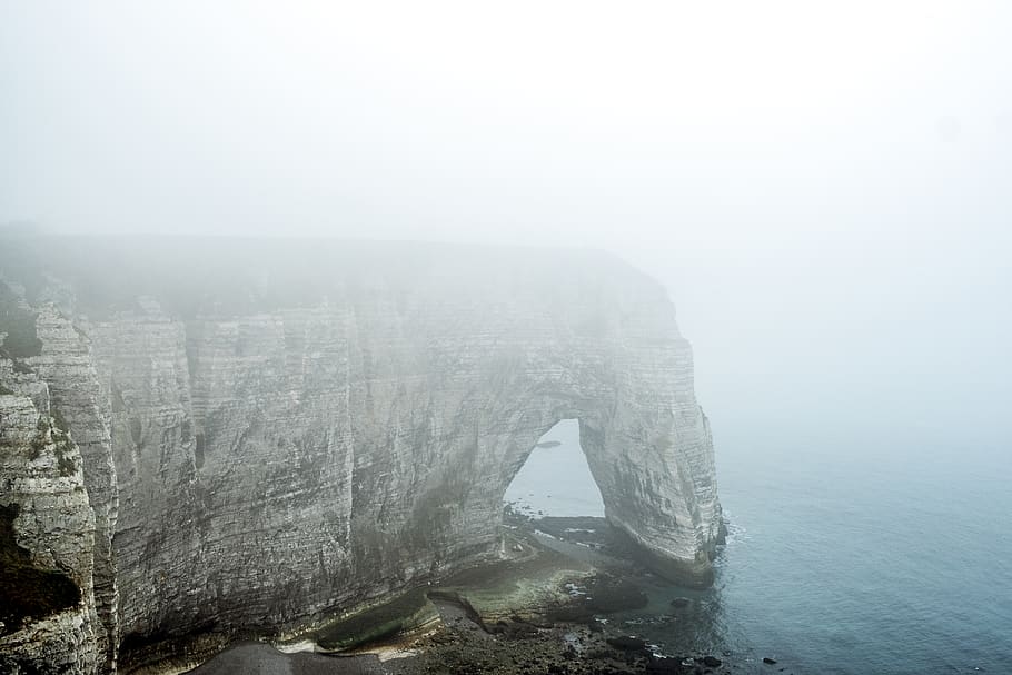 gray mountain surrounded by water, france, landscape, ocean, sea