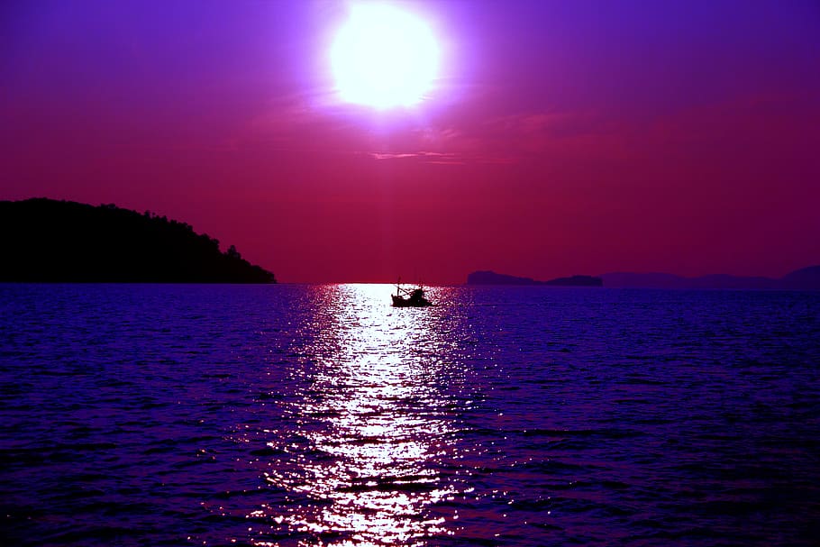 purple, sea, ocean, sun, nature, blue, travel, summer, color, HD wallpaper