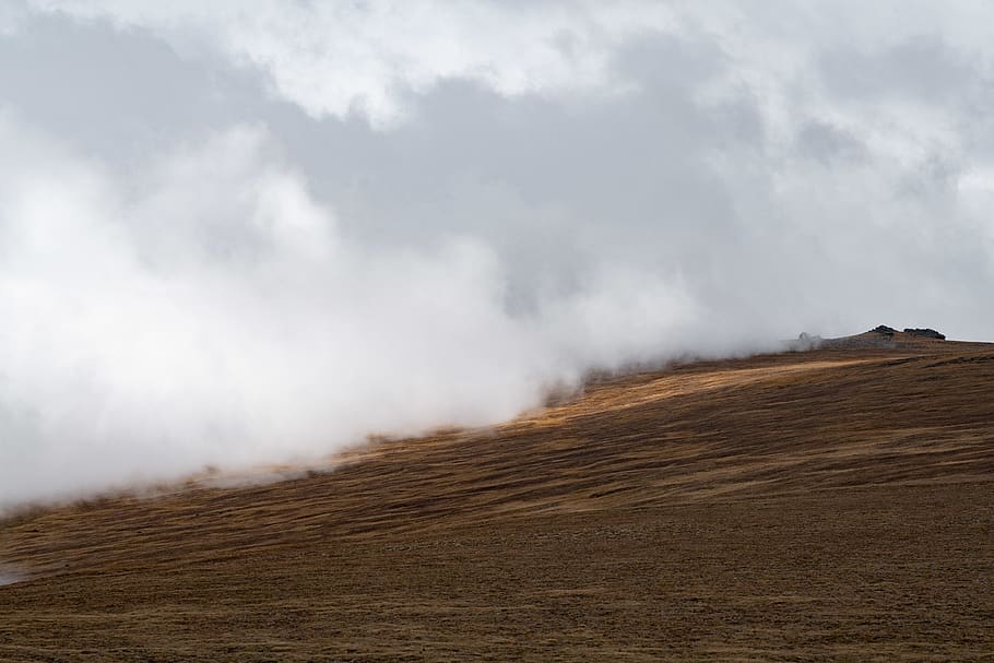mountain covered with fogs, grass, united states, colorado, landscape HD wallpaper