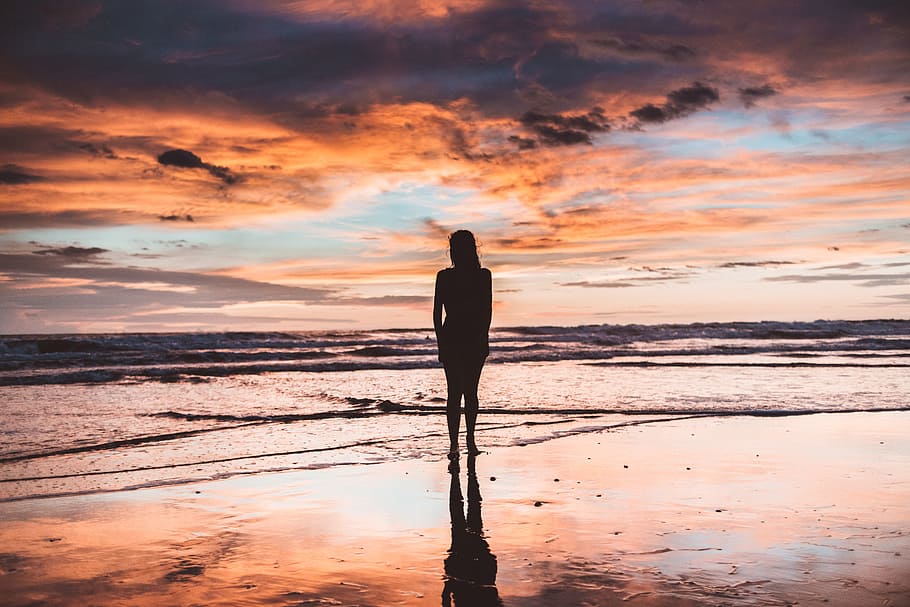 Silhouette of Woman Near Sea Shore, beach, clouds, colors, dusk HD wallpaper