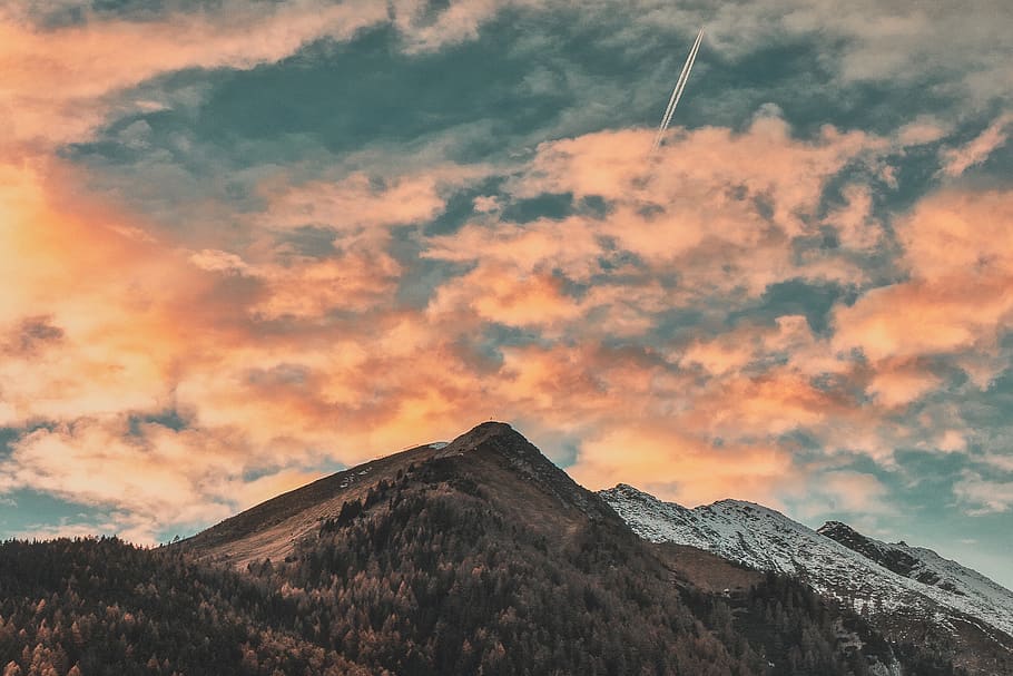 Mountains Under Cloudy Sky, clouds, condensation trails, dawn HD wallpaper