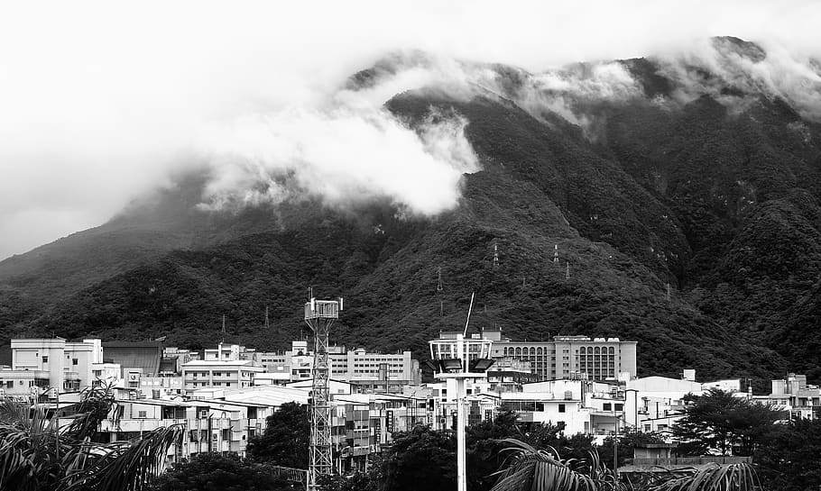 mountain, cloud, taiwan, hualien, town, building exterior, architecture, HD wallpaper