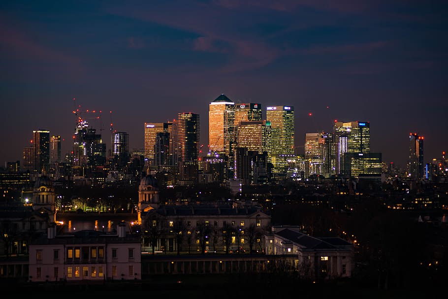 buildings at night, bluehour, cloud, sunset, london, canarywharf HD wallpaper
