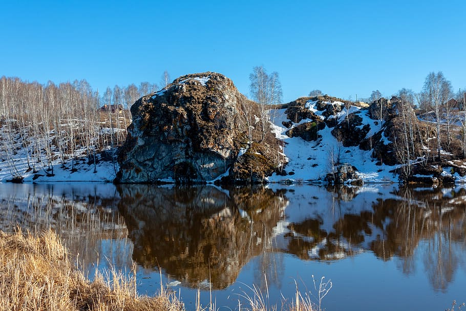 spring, river, rocks, reflection, landscape, forests, sky, water HD wallpaper