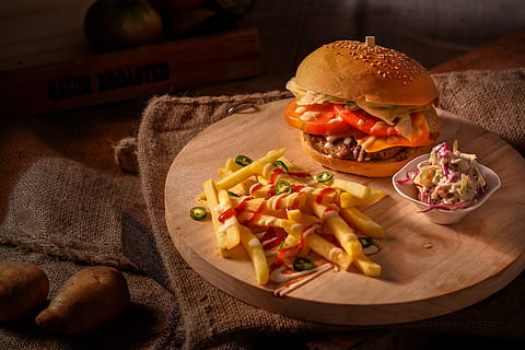 Tomato Burger and Fried Fries, bread, bun, cheese, cheeseburger HD wallpaper