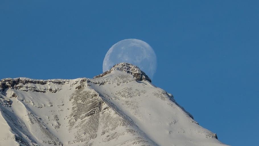 white mountain across gray moon, blue, snow, sky, winter, nature HD wallpaper