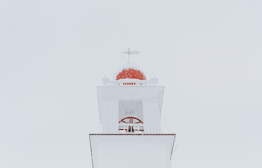 white belfry, tower, building, architecture, dome, cross, snow HD wallpaper