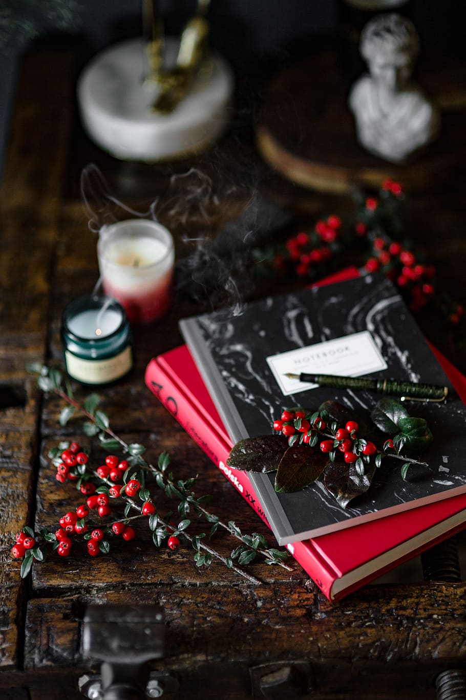 Books and Fresh Holly, workspace, desk, notebook, reading, lifestyle, HD wallpaper