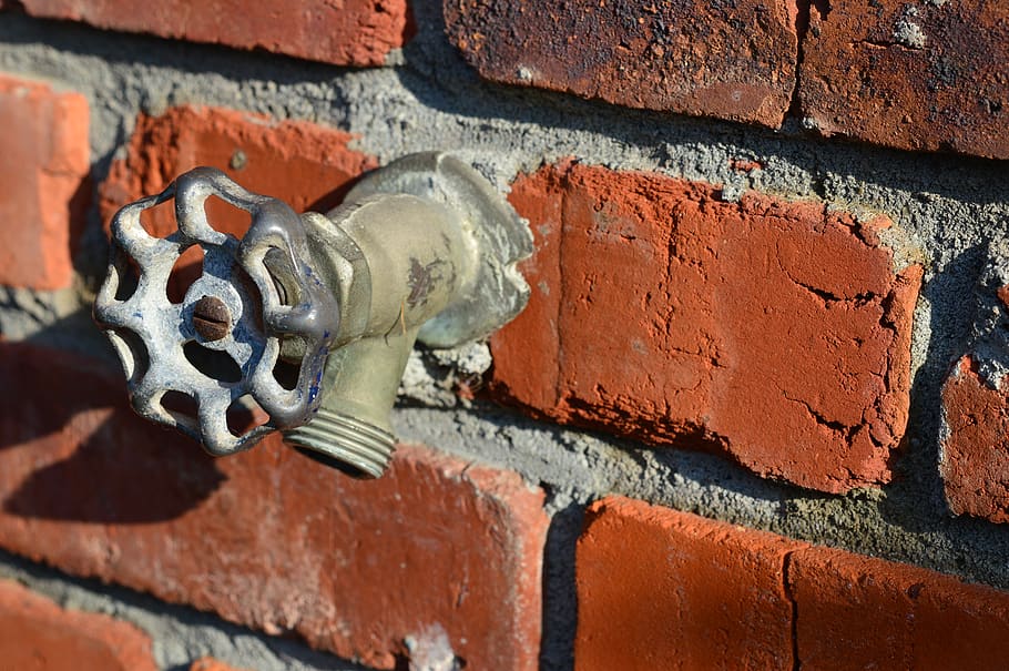 brick, indoors, sink, tap, sink faucet, bronze, hydrant, droplet HD wallpaper