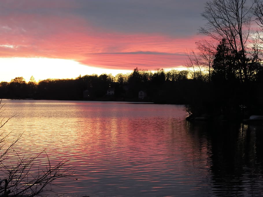 sunset, lake, water, red, silhouette, reflection, trees, sky HD wallpaper
