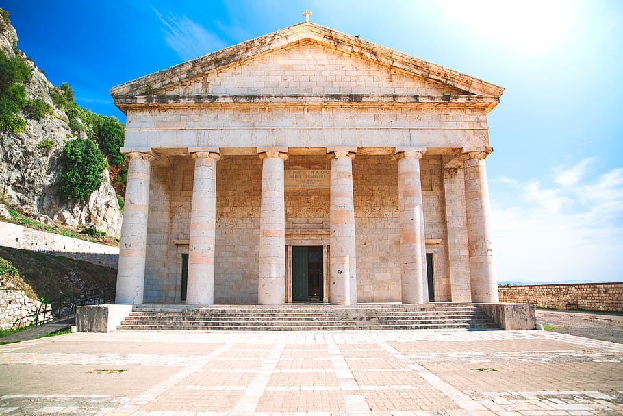 beige concrete ruin, building, architecture, pillar, column, greece HD wallpaper