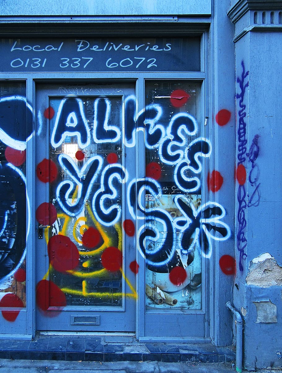 graffiti printed door, art, mural, painting, wall, window, home decor HD wallpaper