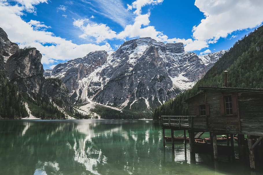 italy, pragser wildsee, mountain, water, built structure, architecture