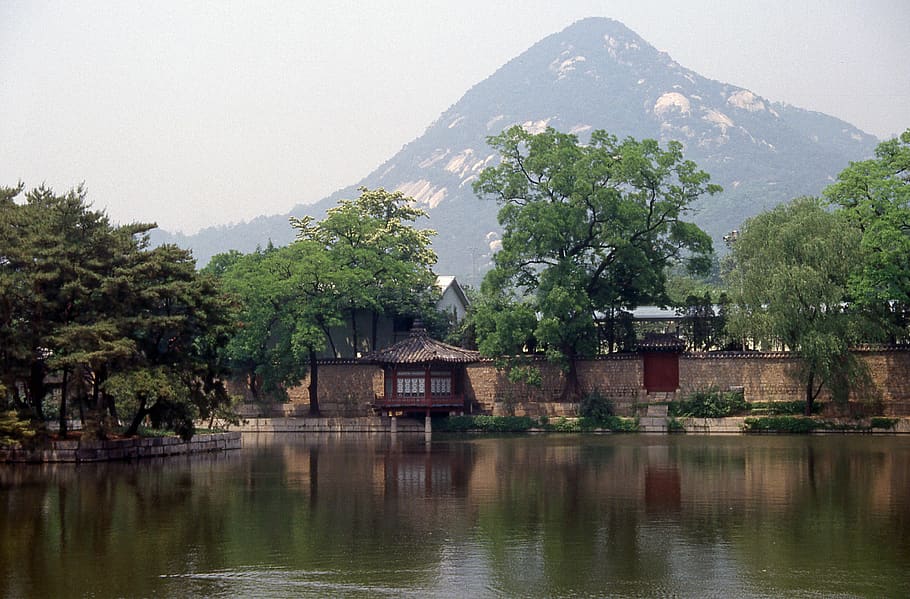 seoul, south korea, gyeongbokgung, water, mountain, architecture
