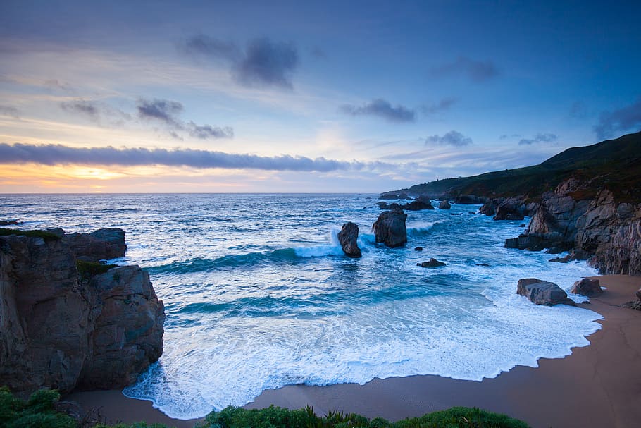 mountain, cloud, sunset, blue, beach, sand, water, rock, wafe HD wallpaper