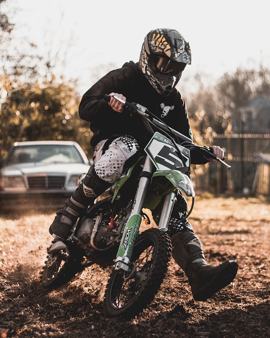 man riding on black and green motocross dirt bike, mode of transportation, HD wallpaper