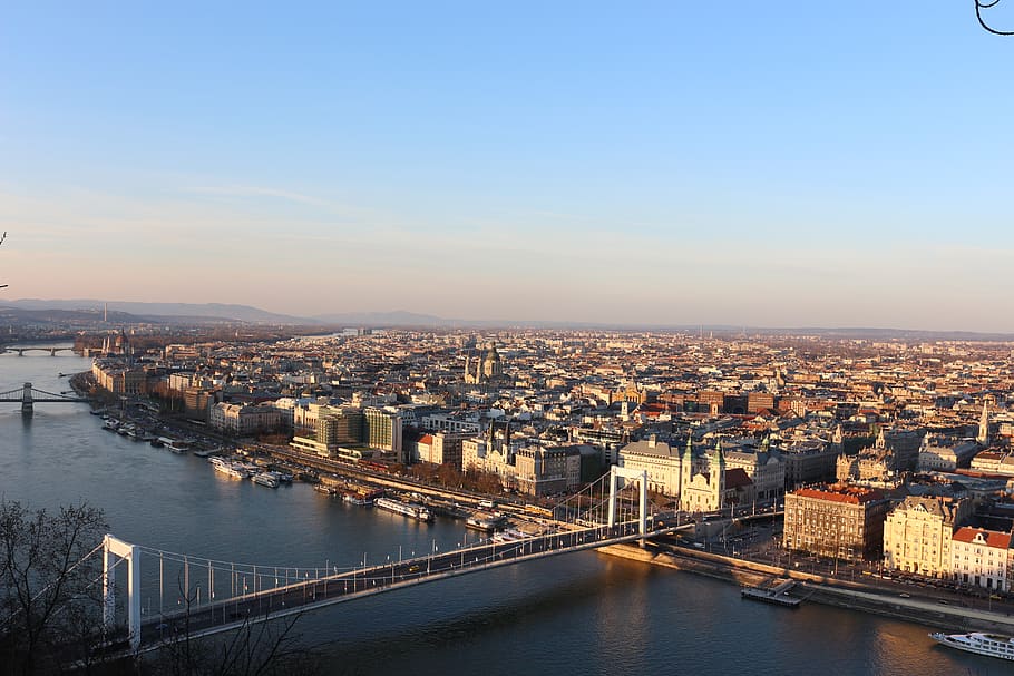 budapest, hungary, danube, bridge, city, sky, blue, water, buildings HD wallpaper
