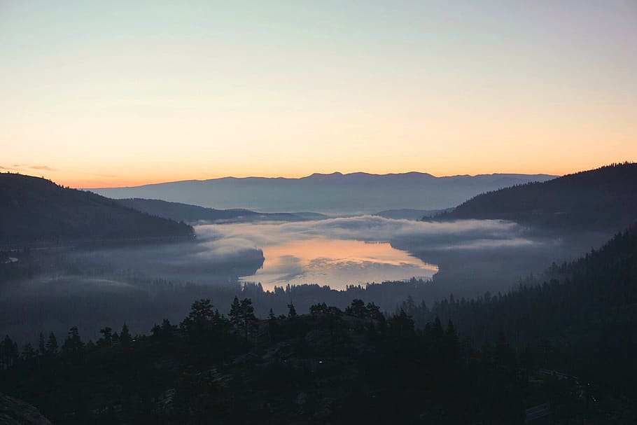 donner pass rd, lake, forest, clouds, sunrise, trees, mountains HD wallpaper