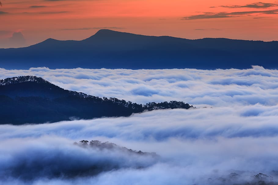 Aerial Photography of Mountain With Clouds during Golden Hour HD wallpaper