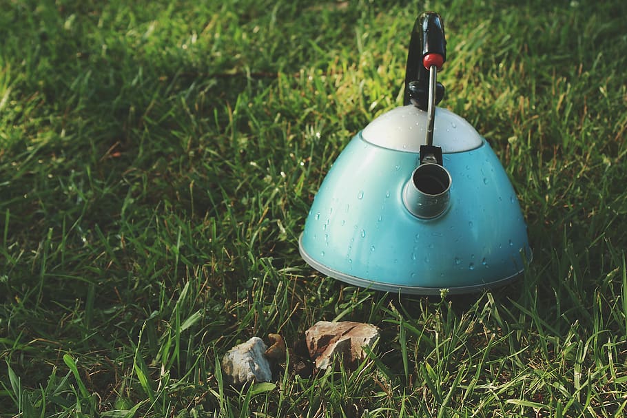 water, drops, kettle, rocks, grass, nature, handle, plant, day HD wallpaper