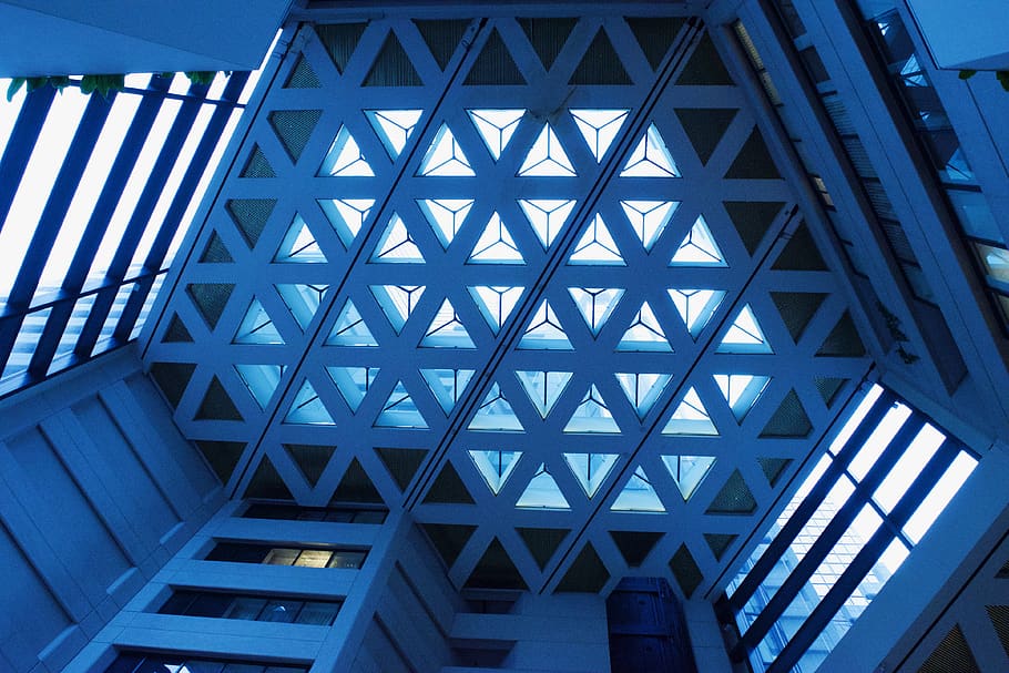 building, window, triangle, skylight, geometric, shapes, blue HD wallpaper