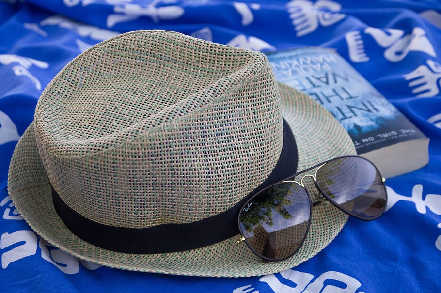 pareo, straw hat, sunglasses, summer, blue, clothing, no people