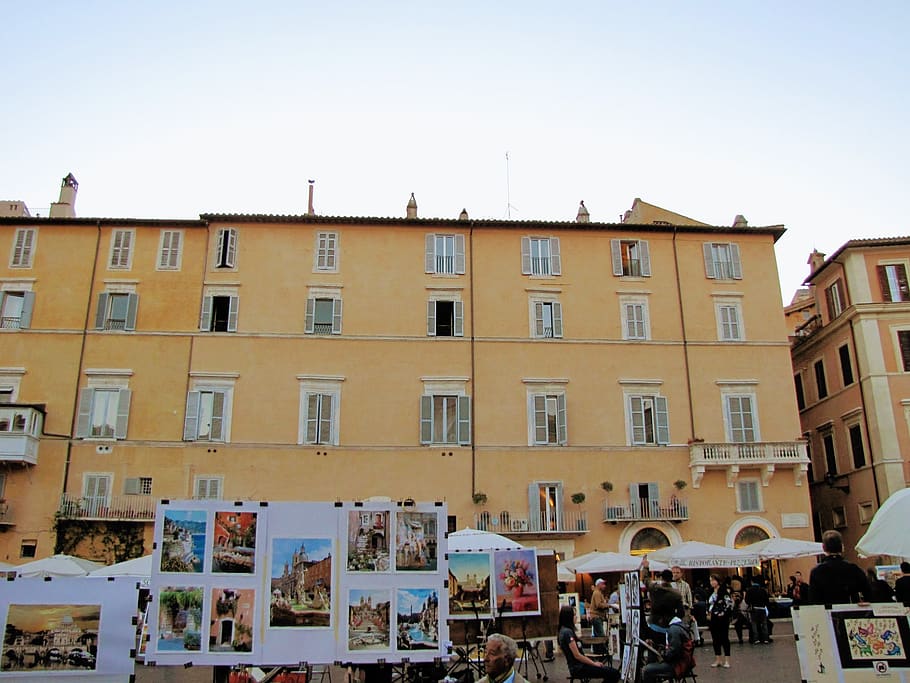 italy, roma, piazza navona, windows, paintings, rome, street, HD wallpaper
