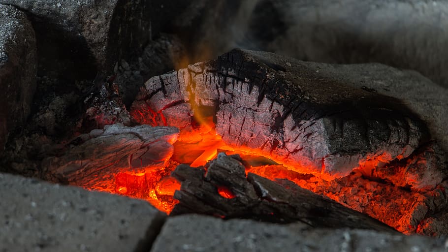 Burning Charcoal, ash, blaze, burnt, close-up, fire, fireplace HD wallpaper