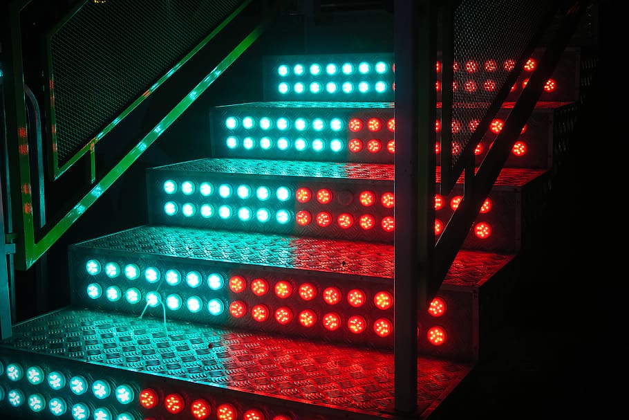 staircase with LED light, illuminated, lighting equipment, night HD wallpaper