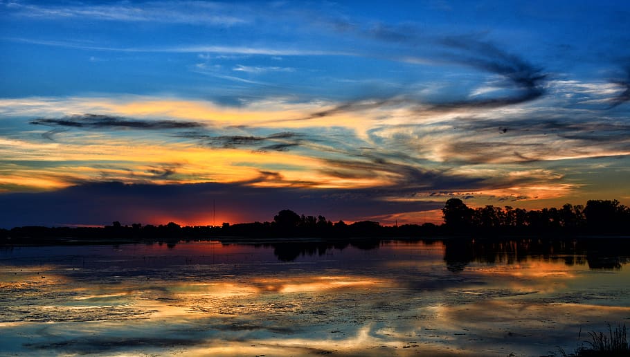 Silhouette of Island Painting, dawn, nature, reflection, sky HD wallpaper