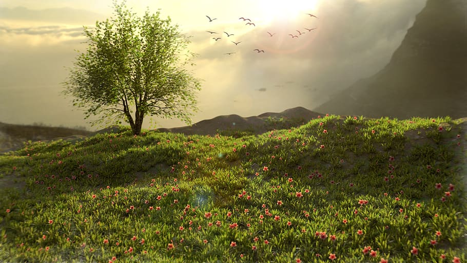 green, nature, mountain, trees, 3d, environment, spring, plant HD wallpaper